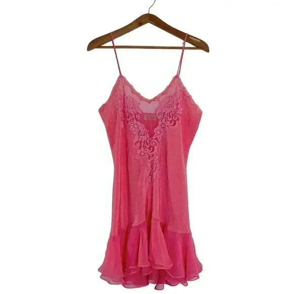 Vintage 90s Victoria's Secret VS Gold Label Salmon Pink Slip Dress Lace Size L - Picture 1 of 7